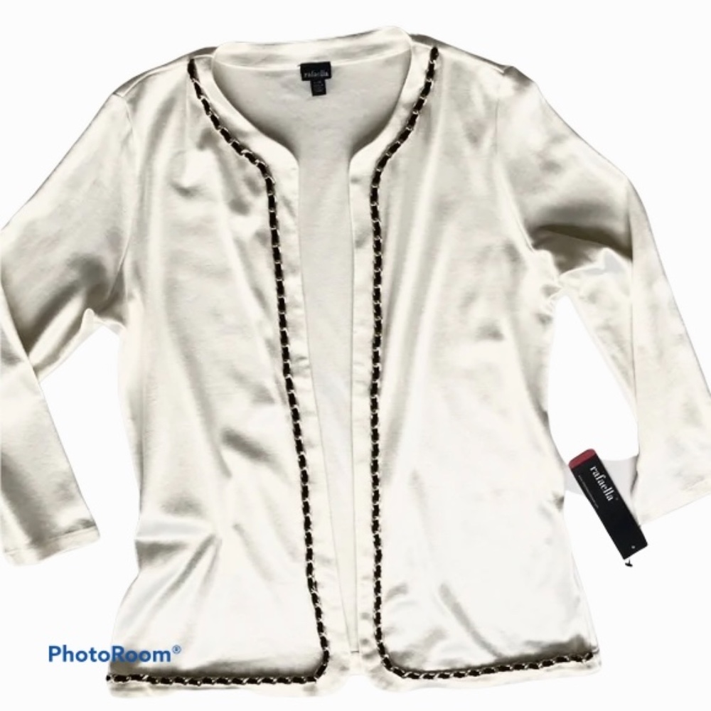 NWT Rafaella Blazer Cardigan Open Front Gold Chain 100% Cotton White Fall Black